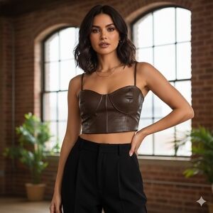 Express Body Contour Brown Faux Leather Cropped Bustier Top Size L NWT